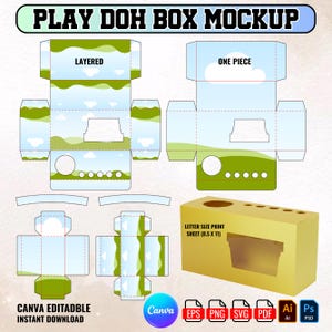 May include: A mockup of a Play Doh box with a landscape design, including a layered version and a one-piece version. The design features green hills, blue skies, and white clouds. The text "CANVA EDITABLE INSTANT DOWNLOAD" is also visible.