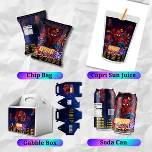 Printable Spider Man Birthday Party Favors, Labels, Stickers, Decor, Chip bag, Water bottle label, Chocolate Wrapper, Caprisun Label, Canva
