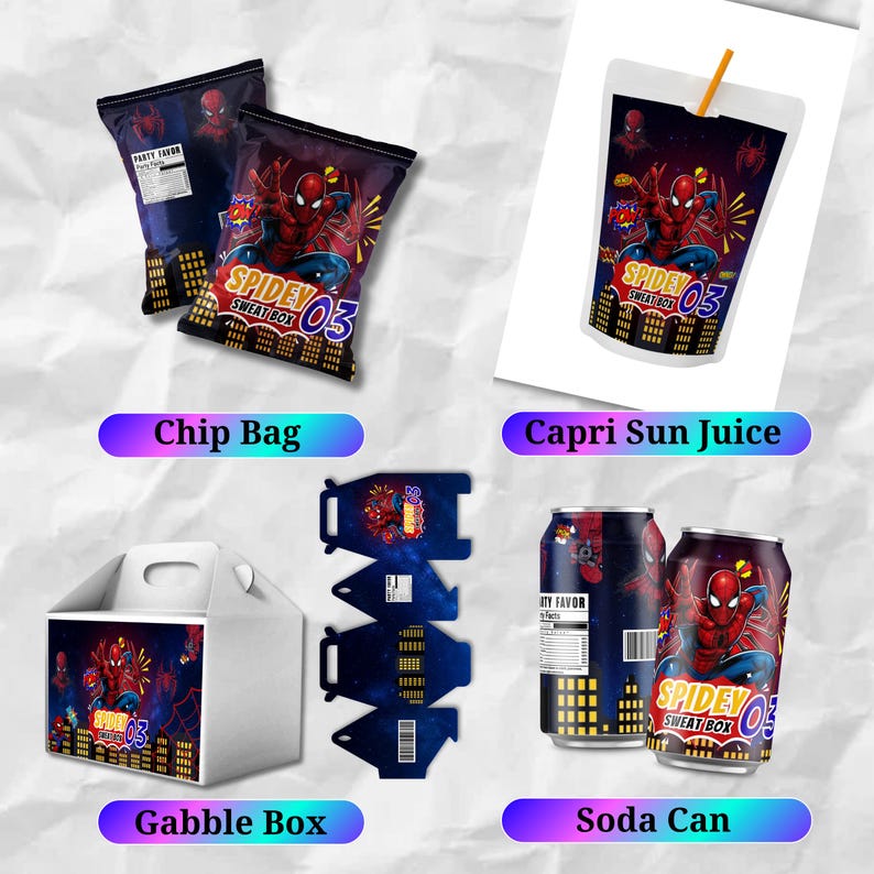 Printable Spider Man Birthday Party Favors, Labels, Stickers, Decor, Chip bag, Water bottle label, Chocolate Wrapper, Caprisun Label, Canva