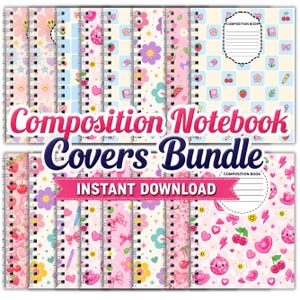 Puede incluir: Un paquete digital de portadas para cuadernos de espiral con varios patrones repetitivos en tonos pastel rosa, azul y amarillo. Los diseños incluyen flores sonrientes, cerezas, bolas de discoteca, corazones, lazos y fondos a cuadros con etiquetas.