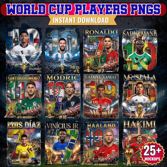 25+ World Cup Football Players PNG Bundle, Soccer Player PNG, T-Shirt Designs, Sports Graphics, Sublimation Files, Instant Download