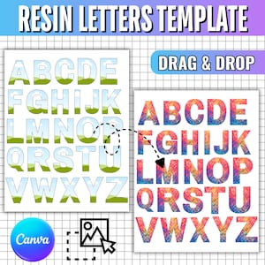 Puede incluir: Una plantilla digital para letras de resina con el texto RESIN LETTERS TEMPLATE y DRAG & DROP. Muestra dos alfabetos sobre una cuadrícula: uno con un patrón de cielo azul y paisaje verde, y otro con un patrón de mosaico colorido.