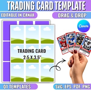 May include: A digital trading card template featuring a grid of nine blank cards with a landscape graphic, measuring 2.5 x 3.5 inches. The design includes text labels for Canva, SVG, EPS, PDF, and PNG formats, alongside four example football cards.
