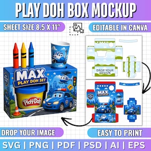 May include: A digital mockup of a Play-Doh box set featuring a blue police car, a helicopter, and a yellow container. The set includes three crayons and a cup. The design is editable, printable, and compatible with 8.5 x 11 inch sheets.