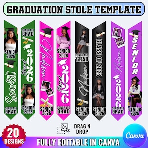 15x Graduation Stole Canva Editable Template Bundle, Graduation Sash Sublimation 2026, Personalized Graduate Design & Stole Layouts