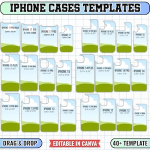 Puede incluir: Una colección digital de plantillas para fundas de iPhone etiquetada como IPHONE CASES TEMPLATES y 40+ TEMPLATE, que muestra varios contornos de modelos de iPhone con dimensiones en pulgadas sobre un fondo de cuadrícula con cielo azul y colina.