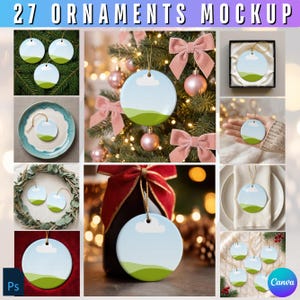 May include: A collection of round ceramic ornaments featuring a minimalist landscape design with a light blue sky, a single white cloud, and rolling green hills. The ornaments are displayed in various settings, including on a Christmas tree, in a gift box, on plates, and nestled within a wreath, showcasing the versatile circular shape.