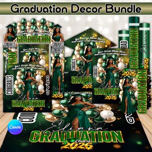 以下が含まれることがあります： 卒業デコレーションバンドル。緑とゴールドを基調とし、緑のガウンを着た女性、風船、そして「Graduation 2026」の文字が特徴です。卒業のお祝いに使用する様々な装飾品が含まれています。