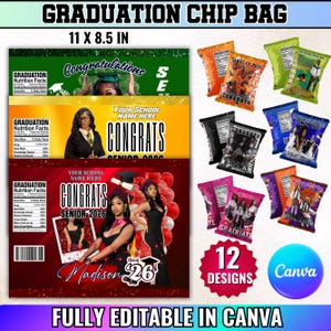 12x Graduation Unique Chip Bag Canva Editable Template, Grad Party Favor Chip Bag, Congrats Grad 2026 Design, Grad Style Favors