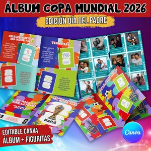 以下が含まれることがあります： 父の日をテーマにしたステッカーアルバムとステッカーセット。タイトルは「ALBUM COPA MUNDIAL 2026 EDICIÓN DÍA DEL PADRE」。ページには写真フレーム、スペイン語のテキスト、サッカーのトロフィーやフォームフィンガーのグラフィックイラストが描かれています。