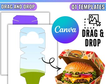 Op de afbeelding: Een digitale burgerdoos-sjabloon met de tekst BURGER BOX TEMPLATE, DRAG AND DROP en 01 TEMPLATES. Het ontwerp bevat een platte lay-out met een lucht- en grasafbeelding en een 3D-gerenderde kartonnen doos met een cheeseburger met sla.