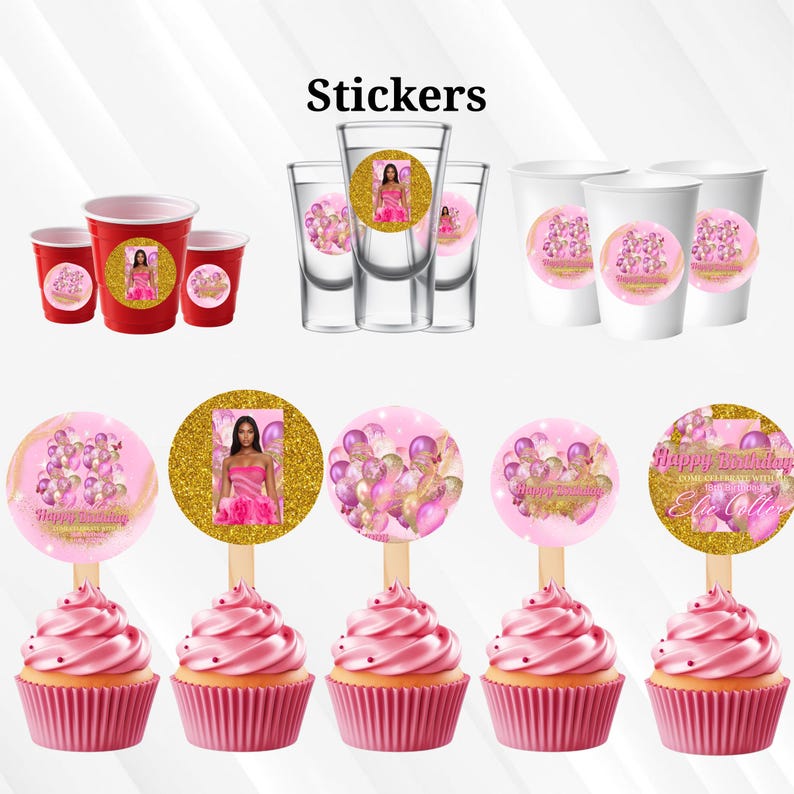 15x Birthday Party Favor Template Bundle, Pink Canva Editable Graduation Treats Design, Party Favor Custom Water Labels, Chip Bag, Wrapper