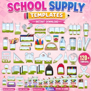May include: A digital collection of school supply templates featuring a consistent green landscape and blue sky graphic. The set includes various items like tumblers, mugs, notebooks, backpacks, crayons, and rulers, with the text SCHOOL SUPPLY TEMPLATES.