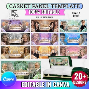 Lot de 20 modèles de panneaux de cercueil, motifs modifiables de panneaux de cercueil commémoratifs, hommage funéraire rouge, bleu et vert, modèles de célébration de la vie