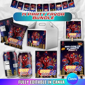 Printable Spider Man Birthday Party Favors, Labels, Stickers, Decor, Chip bag, Water bottle label, Chocolate Wrapper, Caprisun Label, Canva