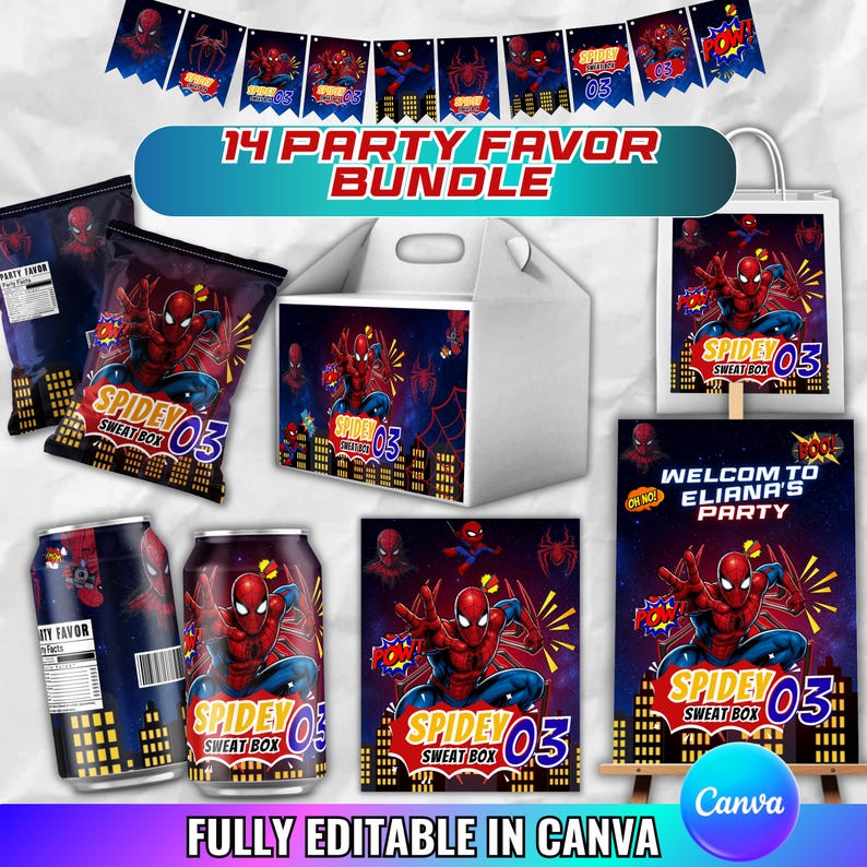 Printable Spider Man Birthday Party Favors, Labels, Stickers, Decor, Chip bag, Water bottle label, Chocolate Wrapper, Caprisun Label, Canva