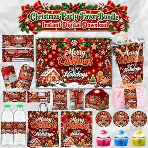 Puede incluir: Un paquete de artículos para fiesta de Navidad con diseños digitales en rojo y verde, casas de jengibre, bastones de caramelo y el texto Merry Christmas Happy Holidays. Incluye etiquetas para botellas, bolsas de snacks y adornos para cupcakes.