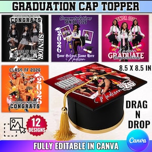 12 diseños editables de Canva para adornos de birretes de graduación / Plantillas de Canva para adornos de birretes de graduación con tiras de fotos / Paquete DIY personalizado para birretes de graduación