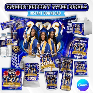May include: A digital graduation party favor bundle featuring blue and gold designs with the text GRADUATION PARTY FAVOR BUNDLE and INSTANT DOWNLOAD. Includes templates for water bottles, candy wrappers, a t-shirt, gift bags, and party signs.