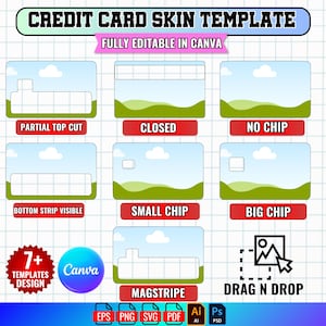May include: A graphic featuring credit card skin templates with various designs, including "Partial Top Cut," "Closed," and "No Chip." The text "FULLY EDITABLE IN CANVA" is displayed. Additional text includes "7+ TEMPLATES DESIGN" and "DRAG N DROP."