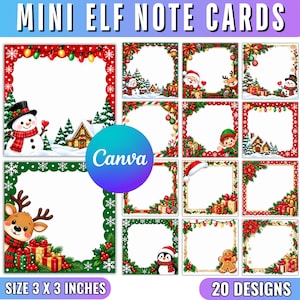 Puede incluir: Un conjunto de 20 tarjetas de notas cuadradas de 7,62 por 7,62 cm, con varios bordes temáticos navideños que incluyen ilustraciones de muñecos de nieve, renos, Santa Claus, elfos, pingüinos, hombres de jengibre, regalos y vegetación festiva.