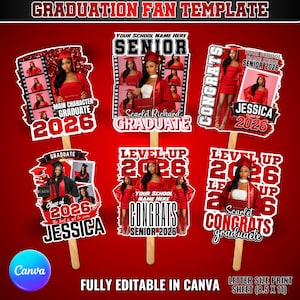May include: A selection of red and white graduation fan templates. Each fan displays images of graduates and the text "Graduation Fan Template." The fans include phrases such as "Senior 2026," "Congrats," and "Graduate."