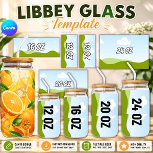 Puede incluir: Una plantilla digital para vasos Libbey en varios tamaños, incluyendo 12 oz, 16 oz, 20 oz y 24 oz. La imagen muestra varios vasos con tapas de bambú y pajitas blancas, junto con plantillas de diseño rectangulares con colinas verdes y cielo azul.