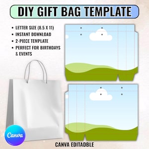 Może przedstawiać: Biała torba na prezent ze srebrnymi uchwytami obok szablonu torby na prezent DIY. Szablon przedstawia niebieskie niebo z białymi chmurami i zielonymi wzgórzami. Tekst na obrazku brzmi "DIY GIFT BAG TEMPLATE" i "CANVA EDITABLE".