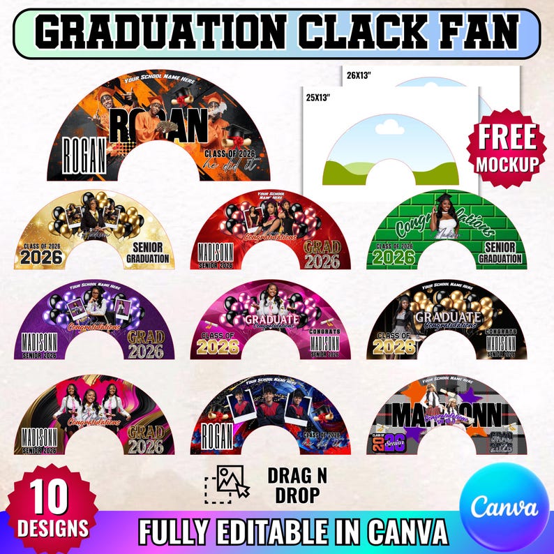 10 Graduation Clack Fan Design Canva Editable Template, Fully Editable In canva Grad Fan 26"X13" 25"X13" Chinese Fan Design, Drag&Drop Temp