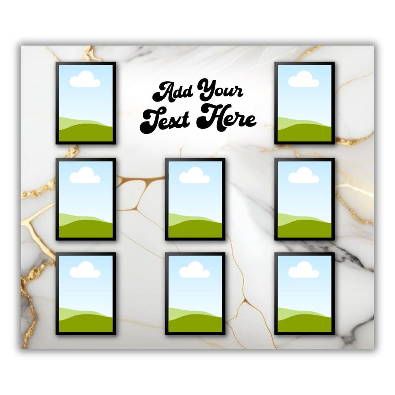 May include: A white marble-patterned background with gold veining, featuring nine black-framed rectangular placeholders. Each placeholder contains a landscape scene with a blue sky, white cloud, and green hills. The text "Add Your Text Here" is in a black, retro font.