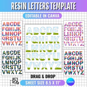May include: A digital template for resin letters featuring the text RESIN LETTERS TEMPLATE, EDITABLE IN CANVA, and DRAG & DROP. The sheet size is 8.5 x 11 inches. It displays five sets of the alphabet in various colorful patterns and a sky landscape.