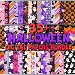 May include: A collection of 35+ Halloween digital papers featuring patterns of ghosts, pumpkins, bats, skulls, candy corn, and black cats in orange, purple, black, and pink. The text 35+ HALLOWEEN DIGITAL PAPERS BUNDLE is displayed in large font.