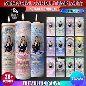May include: Memorial candle templates with the text "In Loving Memory" and "Olivia Grace". The candles are white with a woman's image and angel wings. The image also includes the text "Sunrise" and "Sunset". The templates are 7 x 16.5 cm.