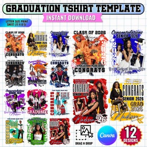 May include: A collection of 12 graduation t-shirt templates with the text "Class of 2026", "Senior 2026", and "Congrats". The designs include photos and customizable text areas. The sheet size is 11 x 8.5 inches.