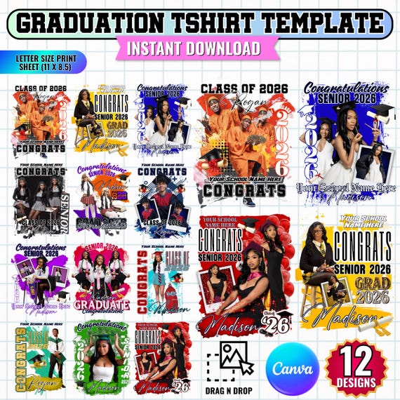 12 Graduation Tshirt Bundle Editable in Canva, 2026 Graduation T Shirt Bundle, Graduation Tshirt Template Bundle, Fixed Background Colour
