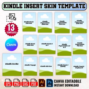 Könnte beinhalten: Eine digitale Vorlage für Kindle-Insert-Skins mit 13 Designs für verschiedene Kindle-Modelle, wie Paperwhite und Oasis. Das Bild enthält das Canva-Logo und Dateiformatsymbole und bietet einen sofortigen Download.