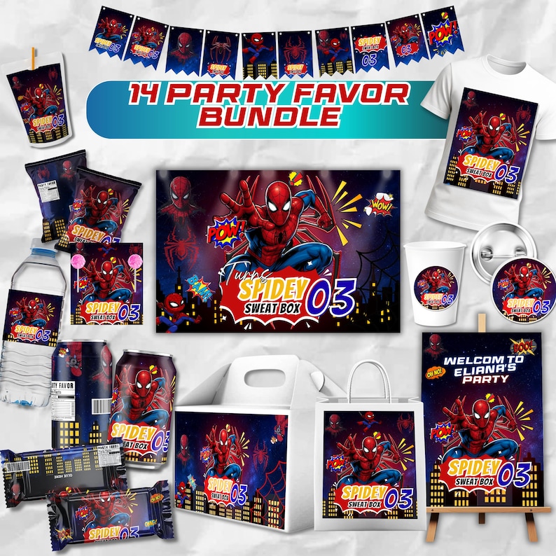 Printable Spider Man Birthday Party Favors, Labels, Stickers, Decor, Chip bag, Water bottle label, Chocolate Wrapper, Caprisun Label, Canva