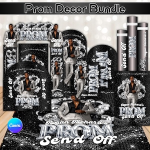 May include: A prom decor bundle featuring a silver and black color scheme. The design includes the text "Prom" and "Send Off" in a metallic font, along with images of a person in a silver suit. The bundle includes various decorative items.