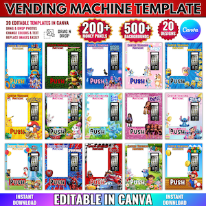 May include: A digital template set for Easter-themed vending machine photo frames, featuring popular characters like Sonic, Teenage Mutant Ninja Turtles, and Bluey. Includes 20 editable designs, drag-and-drop photo functionality, and customizable text and colors.