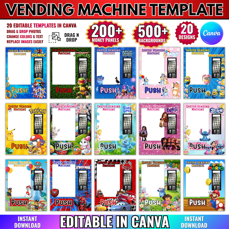 Editable Easter Vending Machine Template,DIY Printable Canva Designs Digital Download,Kids cartoon Characters Easter Party Activity Display