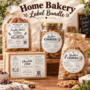 Op de afbeelding: Een Home Bakery labelbundel met diverse koekjesverpakkingen. Bevat een doorzichtige plastic zak, een glazen pot en een kartonnen doos, allemaal voorzien van witte labels met teksten zoals Freshly Baked Cookies en Butter Cookies met ingrediënten.