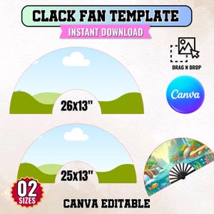 Puede incluir: Plantilla digital para abanicos clack, con dos tamaños: 66x33 cm y 63,5x33 cm. El diseño incluye un paisaje y es editable en Canva. También incluye el texto "DESCARGA INSTANTÁNEA" y "DRAG N DROP".