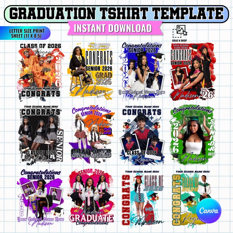 12 Graduation Tshirt Bundle Editable in Canva, 2026 Graduation T Shirt Bundle, Graduation Tshirt Template Bundle, Fixed Background Colour