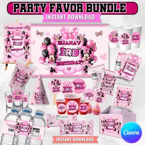 May include: A party favor bundle with a pink Minnie Mouse theme. Includes water bottles, cups, candy, and a banner that reads "Eliana's 3rd Birthday". The words "Party Favor Bundle" and "Instant Download" are also visible.