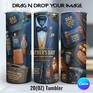 May include: A 20-ounce cylindrical tumbler featuring a Father's Day theme with navy blue and gold graphics. The design includes a suit, a backpack, a drill, a watch, a cap, and text such as 'Happy Father's Day', 'The Man The Myth The Legend', and 'Fixer of All Things'.