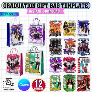 May include: A collection of graduation gift bag templates with various designs. The bags feature photos, names, and the text "Congratulations Senior 2026." The bags are approximately 6.75" x 9" in size. The image also includes the text "Instant Download."