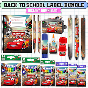 May include: A back to school label bundle featuring a composition book, two pencils, a pencil case, a glue stick, a glue bottle, two sharpeners, and three pens, all decorated with a red race car graphic and the text Warner Is Turning.
