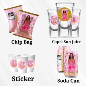 15x Birthday Party Favor Template Bundle, Pink Canva Editable Graduation Treats Design, Party Favor Custom Water Labels, Chip Bag, Wrapper