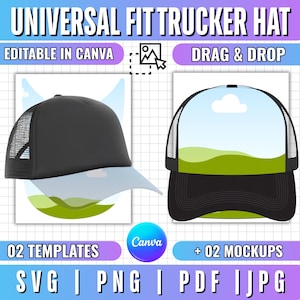 Peut inclure: Un modèle de conception numérique pour une casquette trucker universelle avec deux visuels de casquettes noires à filet. L'image contient le texte Universal Fit Trucker Hat, Editable in Canva, Drag & Drop, 02 Templates, 02 Mockups, SVG, PNG, PDF, JPG.