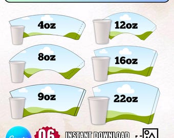 Puede incluir: Un conjunto de plantillas para envoltorios de vasos de papel en seis tamaños: 4oz, 8oz, 9oz, 12oz, 16oz y 22oz. Cada plantilla muestra un cielo azul con nubes blancas y colinas verdes. La imagen incluye el logo de Canva, el texto 06 TEMPLATES y INSTANT DOWNLOAD 100% EDITABLE.